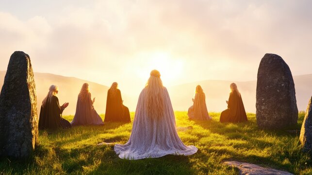 Sunrise Ritual at Standing Stones:  Silhouetted figures in flowing robes participate in a spiritual sunrise ceremony at ancient standing stones, bathed in the golden light of dawn.