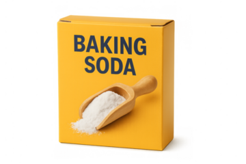 Baking soda box with wooden scoop and transparent background