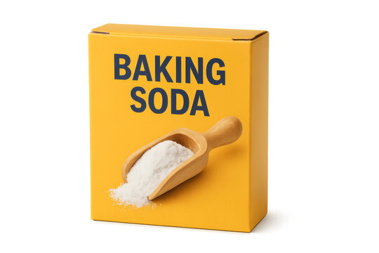 Baking soda box with wooden scoop and transparent background