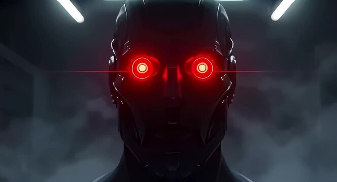 Dark futuristic robot with glowing red eyes emerges signaling technological domination