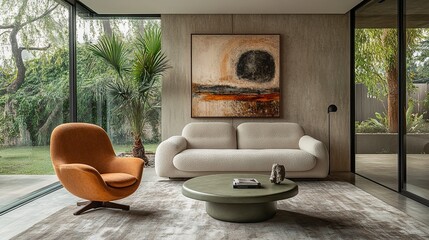 Contemporary living space with pastel green side table and mid-century modern chair  
