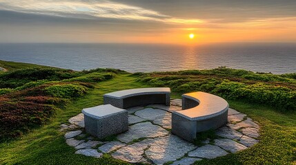 Serene Sunset Ocean View with Stone Benches