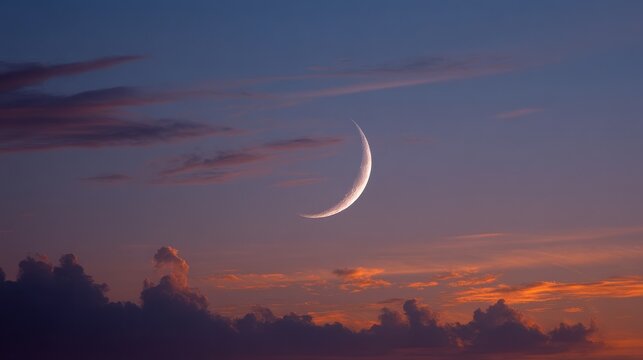 A photo of a crescent moon against a twilight sky. - Powered by Adobe