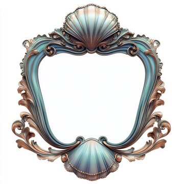 Ornate teal and bronze framed mirror with seashell accents