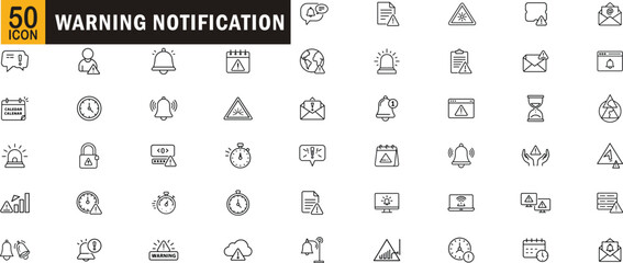 Warning and notification outline icon set. Alert, danger, bell, emergency, timer, alarm, error, message, and cyber security symbols.