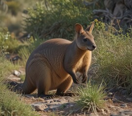 Rock wallaby grazing amongst sparse vegetation, mammal, australia, grass