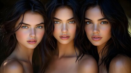 Obraz premium Three young women with dark hair and similar features pose closely together, sunlight illuminating their faces and shoulders