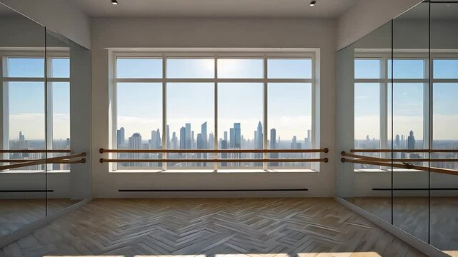 Empty dance studio with wooden floor mirrors and large windows showing city skyline in bright urban setting