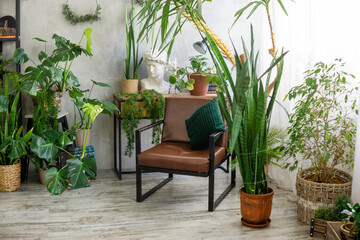 A fragment of the interior with a variety of indoor plants and plaster sculptures. Urban jungle concept. Biophilia design.