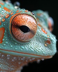 Close-up of a vibrant frog's eye with water droplets.