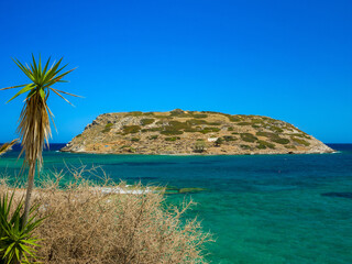 Island where have archaeological remains of Minoan civilisation seen from the village (Mochlos,...