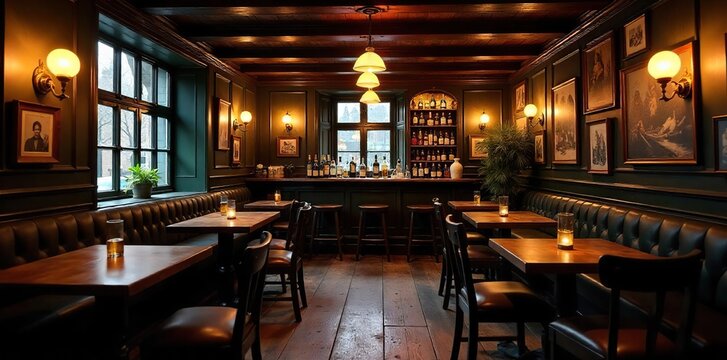 Cozy English pub interior, warm lighting, dark wood, inviting atmosphere, perfect for a pint and good company  Traditional decor, comfortable seating ,  atmosphere,  warmth,  table