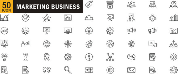 Marketing business editable outline icon set. SEO, strategy, analytics, branding, campaign and more.