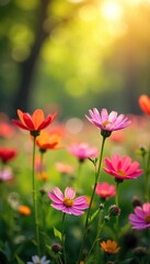 Fototapeta premium Vibrant wildflowers in full bloom, bathed in the warm sunlight of a fresh spring morning A picturesque scene of renewal and blossoming nature, perfect for springtime themes , life, blossom, fresh