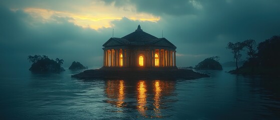 Enigmatic Temple on a Serene Lake at Dusk