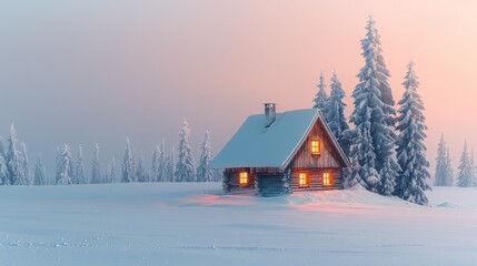 Obraz premium Winter wonderland: snow-covered pine trees, magical atmosphere, golden hour lighting