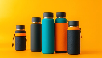 Colorful water bottles with yellow background.