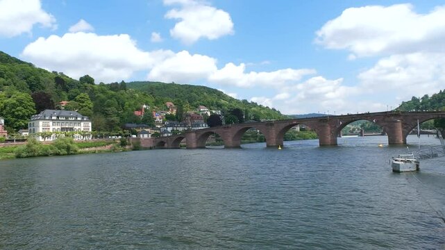 View of the city of Heidelberg in summer. Germany. Bridge and river