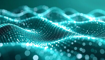 Dynamic abstract teal waves with glowing dots digital art motion design high contrast environment soft light viewpoint