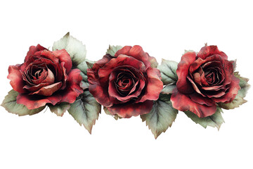 Three deep red roses with leaves isolated on transparent background