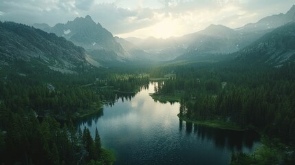 Serene Mountain Lake at Sunset: A Breathtaking Panorama