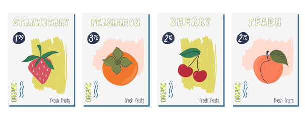 Persimmon, strawberry, cherry, peach. Vibrant colors set of fruits and berries posters. Cute vintage cards, posters, price tags. Hand drawn flat design vector illustrations.
