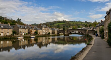 Obraz premium Dinan, France, captured in a stunning view with its stone bridge and historic riverside buildings