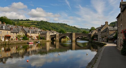 A travel destination showcasing Dinan's stone bridge, reflected in the river under a clear sky.