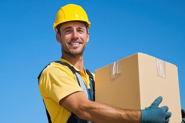 The delivery man lifts a large package with difficulty, but with a satisfied smile. 