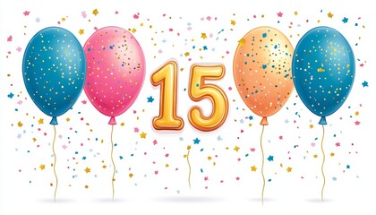 Festive Celebration Golden Number 15 Balloons with Confetti for a Fifteenth Birthday Party
