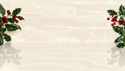 Cream Background with Holly Berries and Leaves Reflection