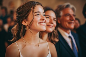 Obraz premium Young Woman Smiling Attentively in Audience, Representing Engagement and Corporate Event Attendance, With Elegant Jewelry and Formal Dress : Generative AI