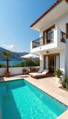 Fototapeta premium Luxurious townhouse holiday villa, perfect for a family getaway Enjoy spacious interiors, private patio, and stunning views Ideal for relaxation and unforgettable memories , garden, coastal