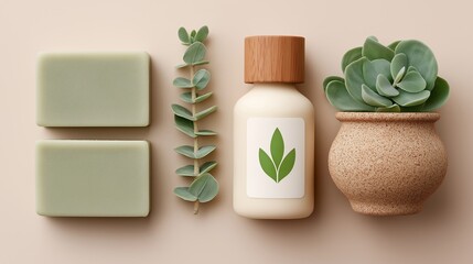 A clean flat lay of eco-friendly skincare items, including two pale green soap bars, a cream bottle with a wooden cap and green leaf logo, a potted succulent and a sprig of eucalyptus