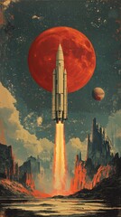 Retro Futuristic Rocket Launch Towards a Crimson Planet