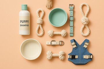 Flat lay arrangement of modern puppy accessories on a peach background, including shampoo, rope toys, feeding bowls, collars, and a denim harness. Concept of pet care essentials, dog grooming