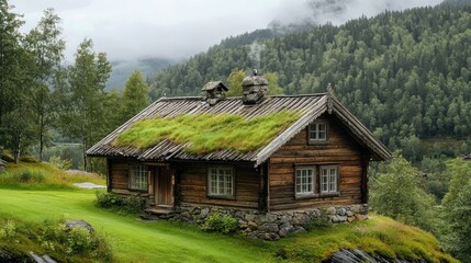 Fototapeta premium Idyllic scandinavian cabin with grass roof nestled in a lush green forest landscape