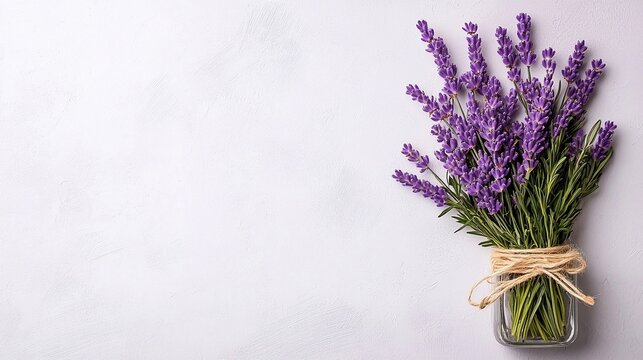 Purple Lavender Bouquet in Glass Jar on White Background