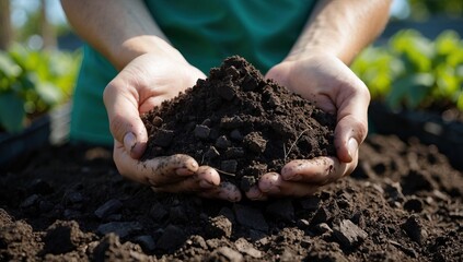 A Pair of Hands Holding a Pile of Dark, Fertile Soil, with Green Plants in the Background