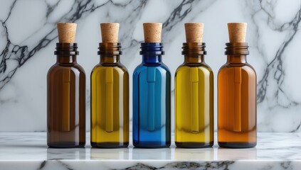  Glass Bottles with Cork Stoppers, Filled with Liquids in Different Colors, Arranged in a Row on a Marble Surface