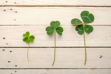 Clover leaf trio, aligned horizontally on a pale wooden plank, symbolic and educational