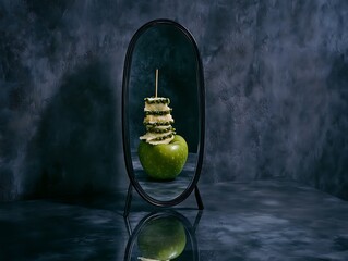 A Minimal Background Highlights the Symmetry of a Green Apple Reflected in a Mirror.