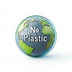 A 3D icon for a plastic-free world featuring a smooth-textured Earth with a bold "No Plastic" symbol 