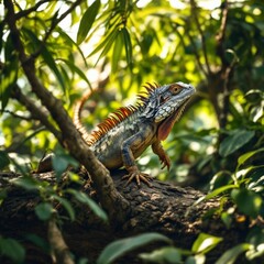 Obraz premium Colorful iguana resting on a branch in lush tropical forest
