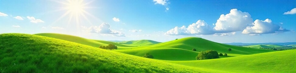 Fototapeta premium Rolling green hills under a vibrant blue sky, sunlight illuminating the landscape Perfect for travel, nature, and landscape projects A picturesque scene of idyllic countryside , travel, peace