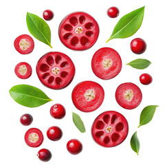 Fresh cranberries and leaves arranged in a circular pattern isolated on transparent background