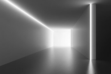 Empty, minimalist hallway illuminated by bright linear lights