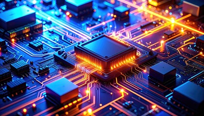 Ai motherboard with glowing circuits and data flow