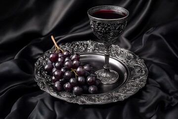 Dark Grapes  Red Wine on Tray.