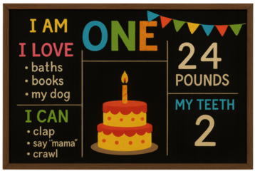 Celebrating one year old: milestone board showing achievements and birthday cake
